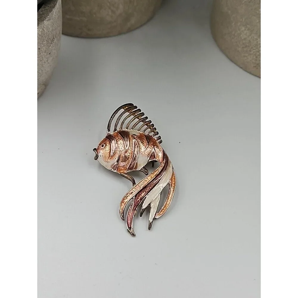 Brooch Fish Enamel Fashion‎ Jewelry Coral Brass Goldtone